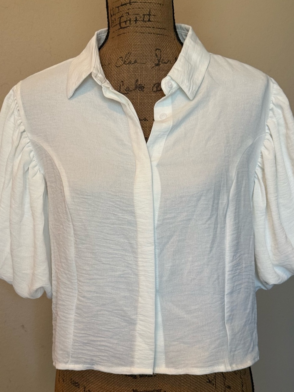 White Puff Sleeve Collared Blouse - Women's Top (short length)